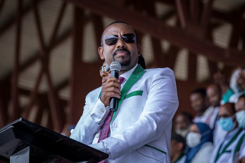 Ethiopia's Prime Minister Abiy Ahmed speaks at a campaign rally in Jimma, Ethiopia. AP
