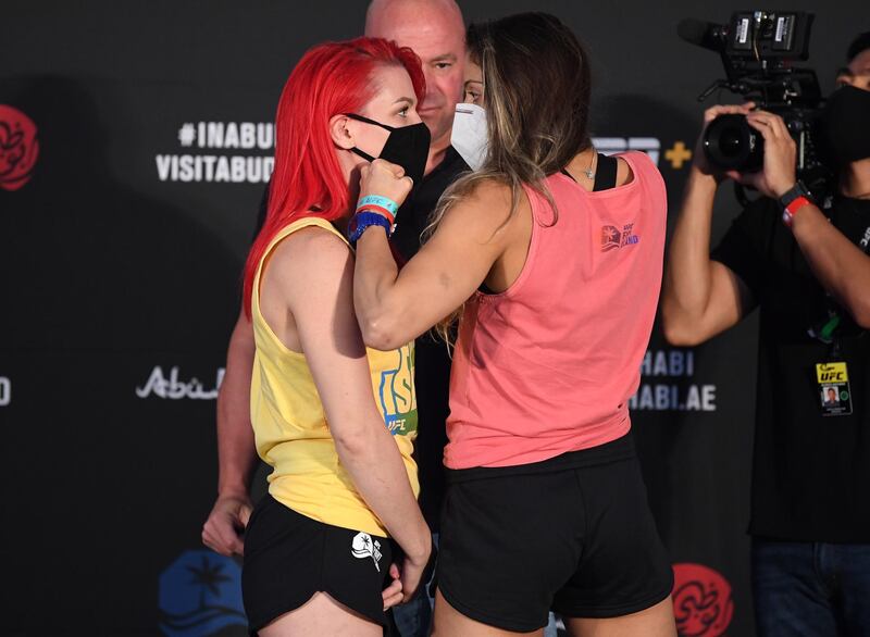 ABU DHABI, UNITED ARAB EMIRATES - OCTOBER 16: (L-R) Opponents Gillian Robertson of Canada and Poliana Botelho of Brazil face off during the UFC Fight Night weigh-in on October 16, 2020 on UFC Fight Island, Abu Dhabi, United Arab Emirates. (Photo by Josh Hedges/Zuffa LLC)