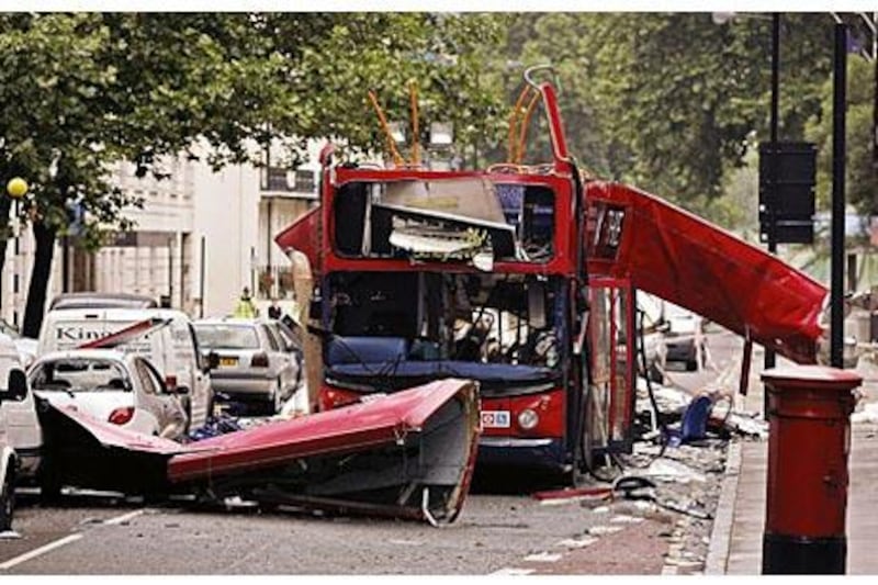 The wreckage of the double-decker bus in Tavistock Square, London after a suicide bomber blew himself up in one of four explosions on July 7, 2005.