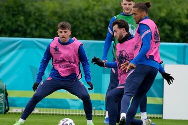 Mason Mount, left, and Ben Chilwell, second left, during an England training session. PA