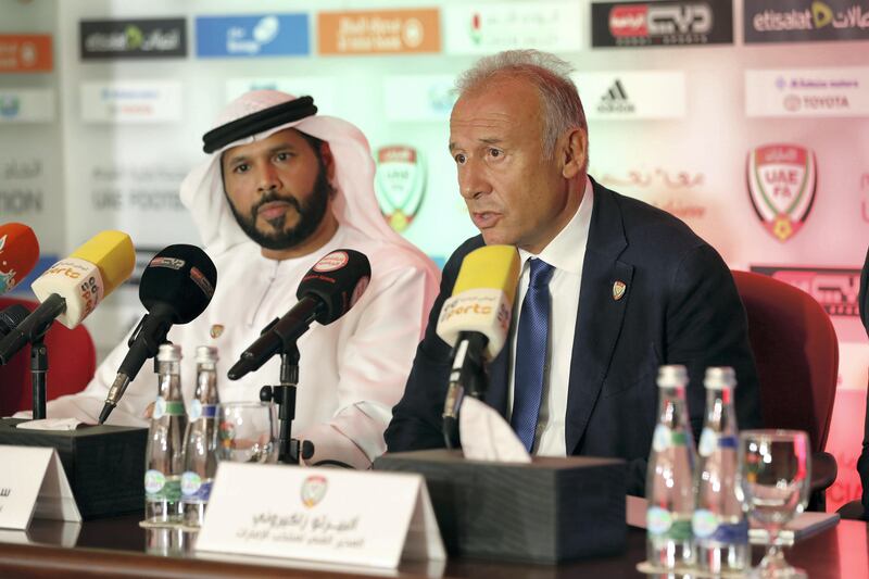 Dubai, United Arab Emirates - October 17th, 2017: Alberto Zaccheroni is confirmed as the new UAE football manager with UAE FA president Marwan bin Ghalaita (L). Tuesday, October 17th, 2017 at UAE Football Association headquarters, Dubai. Chris Whiteoak / The National