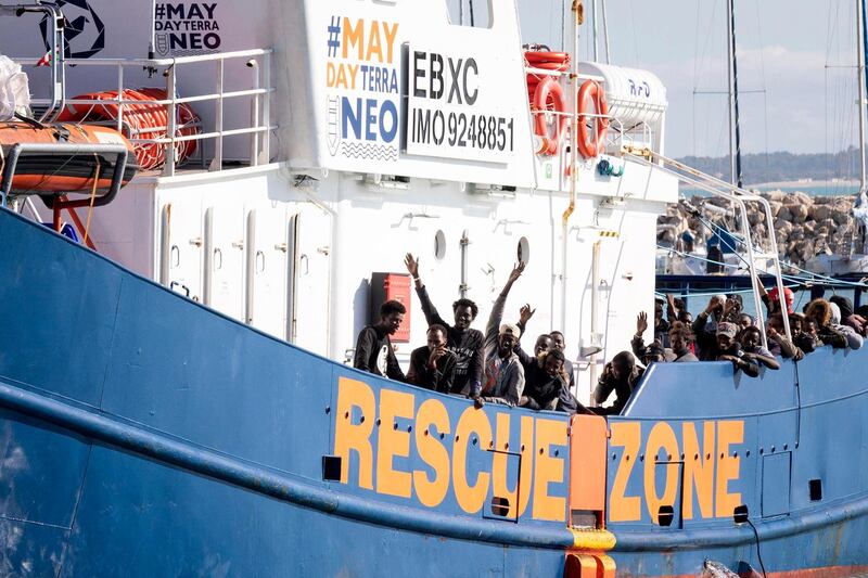 Spanish humanitarian rescue vessel 'Aita Mari' arrives in the Sicilian port of Pozzallo, southern Italy, Tuesday, Nov. 26, 2019. According to reports, the Aita Mari was carrying 78 migrants onboard, of which 6 women and one child, whom they rescued at sea. (Francesco Ruta/ANSA via AP)