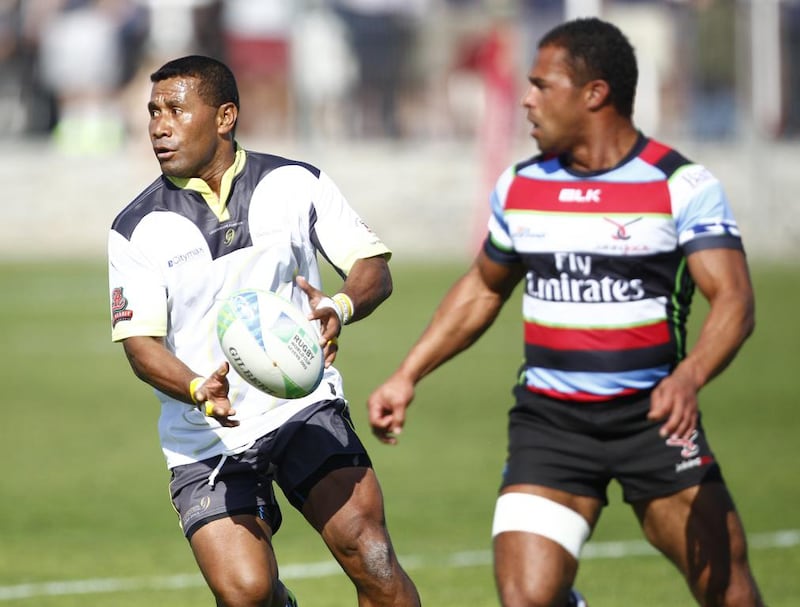 Fijian sevens legend Waisale Serevi, left, and J9 legends were runners up to Xodus Steelers in the International Veterans class at the 2013 Dubai Sevens. Jake Badger / The National