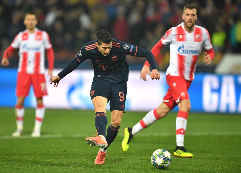 Robert Lewandowski scores his fourth against Red Star. AFP