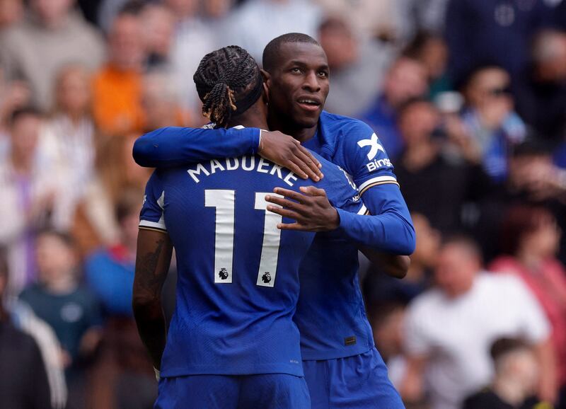 Nicolas Jackson celebrates scoring Chelsea's fourth goal with Noni Madueke. Reuters