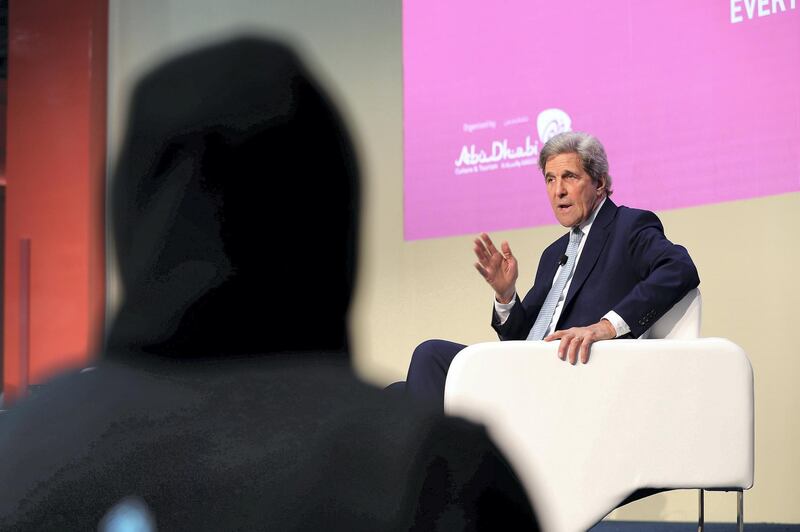 ABU DHABI,  UNITED ARAB EMIRATES , April 24 – 2019 :- John Kerry, former US Secretary of State speaking at the Abu Dhabi International Book Fair held at Abu Dhabi National Exhibition Centre in Abu Dhabi. ( Pawan Singh / The National ) For News/Online/Instagram. Story by Rupert