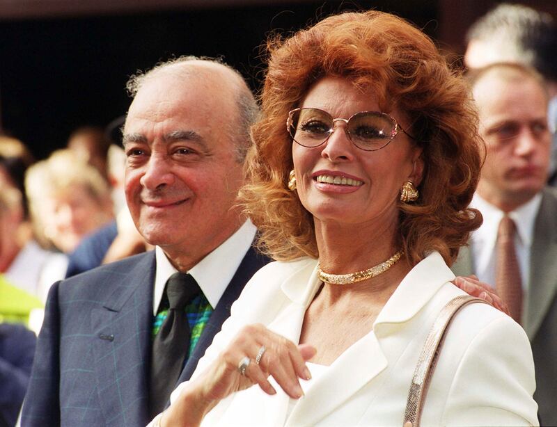 Italian actress Sophia Loren and Mohamed Al-Fayed outside Harrods. PA/AP