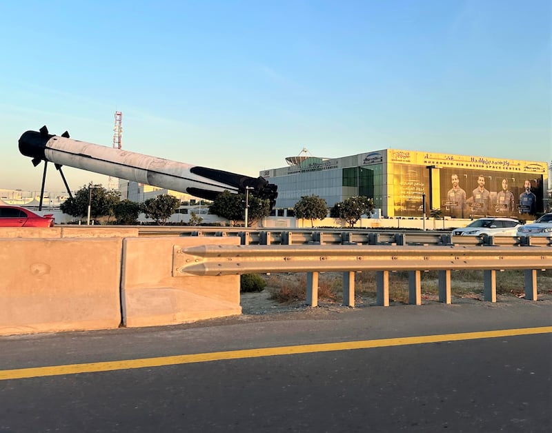 A SpaceX rocket model that was on show at Expo 2020 Dubai's US pavilion has been moved to the Mohammed bin Rashid Space Centre. Sarwat Nasir / The National