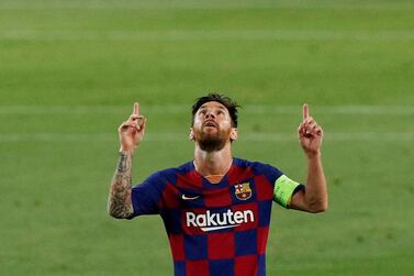 Soccer Football - Champions League - Round of 16 Second Leg - FC Barcelona v Napoli - Camp Nou, Barcelona, Spain - August 8, 2020 Barcelona's Lionel Messi celebrates scoring their third goal which was later disallowed after VAR review, as play resumes behind closed doors following the outbreak of the coronavirus disease (COVID-19) REUTERS/Albert Gea TPX IMAGES OF THE DAY