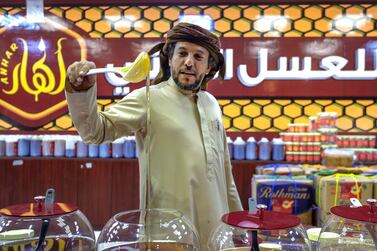 Abu Dhabi, United Arab Emirates, January 5, 2020. Photo essay of Global Village.-- Ali Al Gabri, 45, Yemen. Has been manging Anhar Honey at the Yemen Pavillion for 20 years now. Victor Besa / The National Section: WK Reporter: Katy Gillett