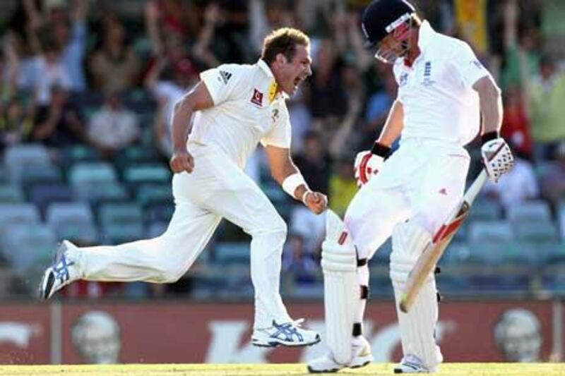 Ryan Harris celebrates the wicket of Paul Collingwood on the last ball of day three of the third Ashes Test match.