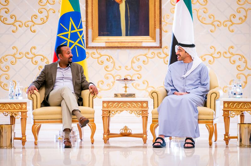 Sheikh Abdullah bin Zayed, Minister of Foreign Affairs and International Cooperation; and Prime Minister of Ethiopia, Abiy Ahmed, discussed friendship ties and cooperation between the UAE and Ethiopia and ways to enhance them in all fields during a meeting, which also tackled a number of issues of mutual interest in Abu Dhabi on February 13, 2020. MOFAIC / Wam