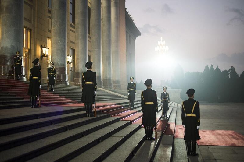 Chinese Paramilitary guards stand on the stairs after Sheikh Mohammed bin Zayed, Crown Prince of Abu Dhabi and Deputy Supreme Commander of the Armed Forces left the Great Hall of the People in Beijing, China. Fred Dufour / EPA / Pool Pool