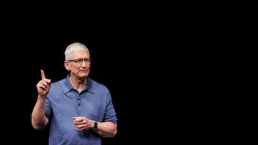 Apple's chief executive Tim Cook speaks at the company's annual conference in Cupertino, California, on Monday. Reuters