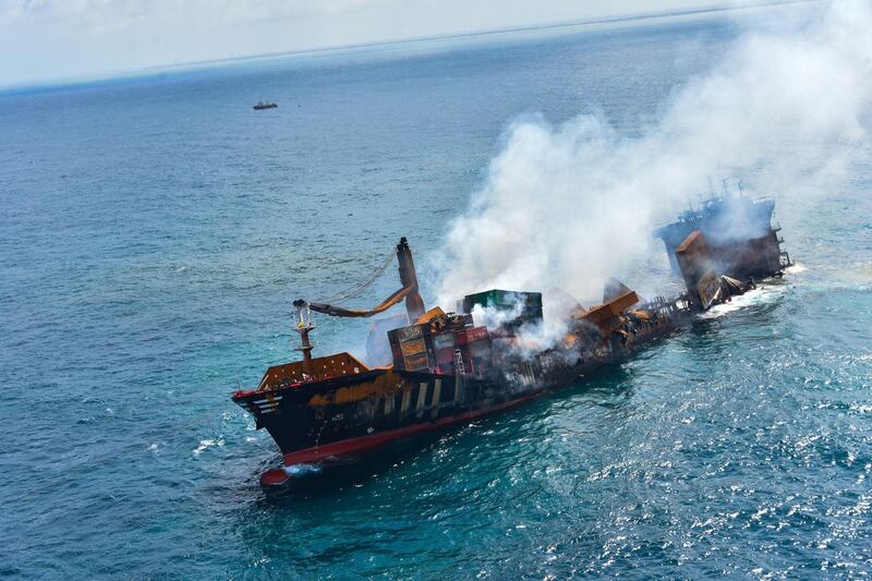 The Singapore-registered ship is sinking off the coast of Sri Lanka, with a large amount of plastic debris washing up on the country's beaches. EPA