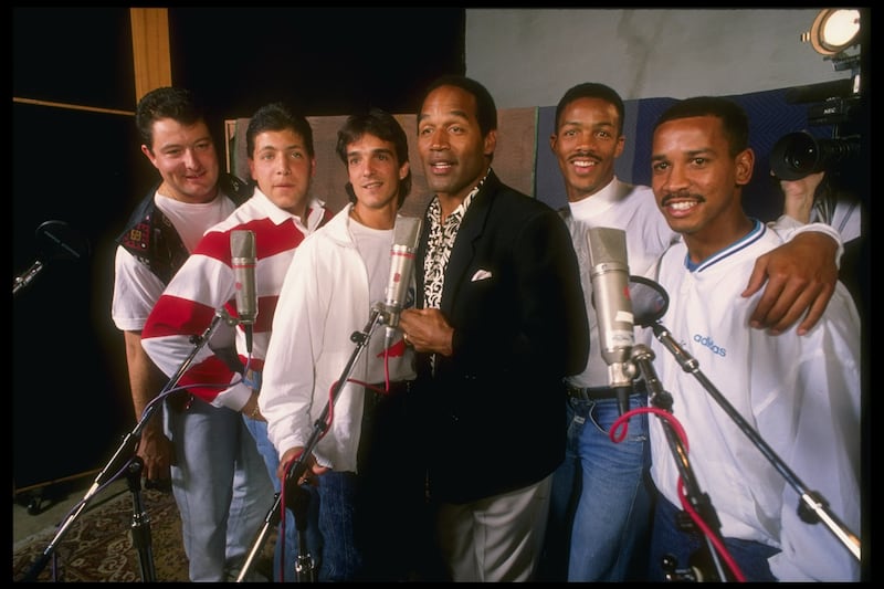 Simpson records a World Cup song with the US football team in 1990. Allsport / Getty Images