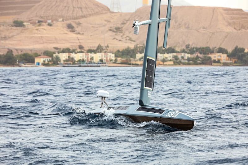 A Saildrone Explorer vessel during tests in the Gulf of Aqaba off of Jordan.