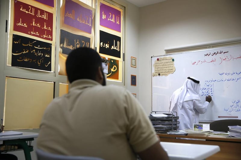 Over in the Juvenile centre, young prisoners attend an Arabic-language class. Most young people spend between three and 12 months at the centre. “It is very rare that they are here for more than a year,” said Col Dr Abdullah bu Hindi, director of the Juvenile Welfare Centre. “The majority have a court order to be placed in our custody for four months.”