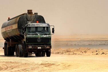 A tanker removing industrial waste from the remote Wafra area, which stopped pumping oil in 2014 due to a dispute between Saudi Arabia and Kuwait. Gustavo Ferrari / The National.