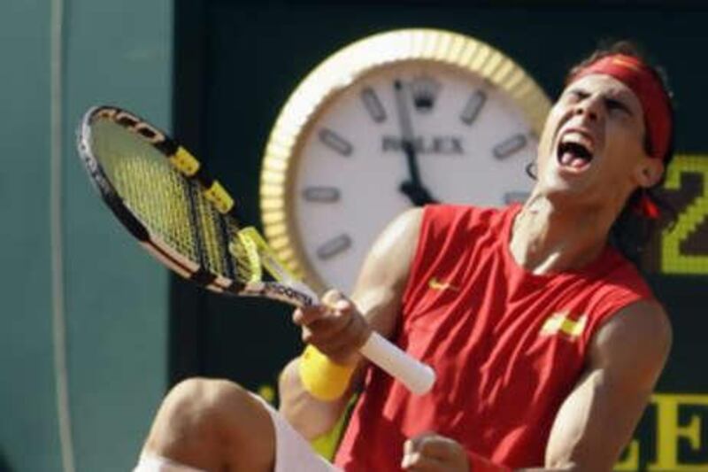 Spain's Rafael Nadal celebrates another magnificent passing shot on his way to victory over America's Andy Roddick.