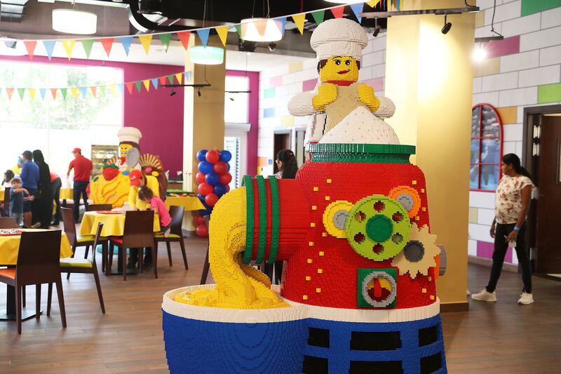 A dedicated activity corner at the back of the restaurant is replete with large-scale Lego sculptures 