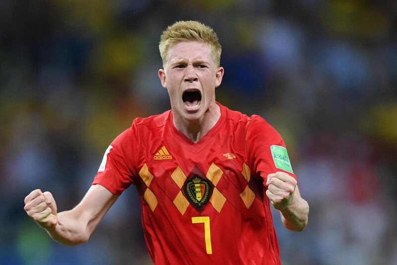 KAZAN, RUSSIA - JULY 06:  Kevin De Bruyne of Belgium celebrates following his sides victory in the 2018 FIFA World Cup Russia Quarter Final match between Brazil and Belgium at Kazan Arena on July 6, 2018 in Kazan, Russia.  (Photo by Shaun Botterill/Getty Images)