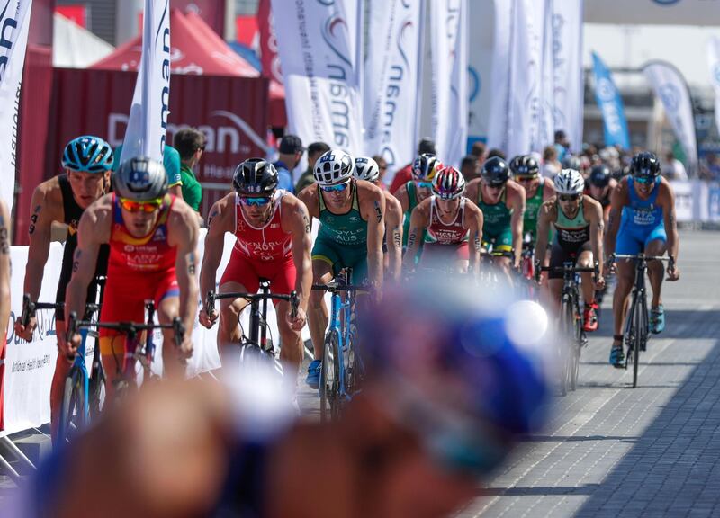 Abu Dhabi, United Arab Emirates, March 8, 2019.  Elite Division ITU Traiathlon at the YAS Marina Circuit. --  Start of the second stage of the  triathlon, bike.
Victor Besa/The National
Section:  NA
Reporter:  Haneen Dajani