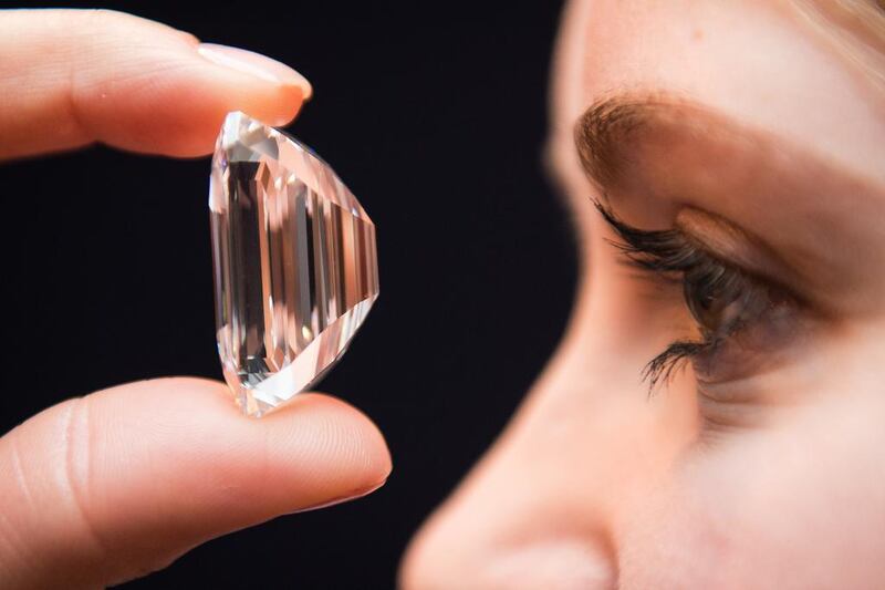 The 100-carat emerald-cut diamond tours the world before being auctioned at Sotheby’s in New York next month. Leon Neal / AFP