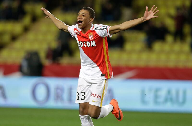 Kylian Mbappe celebrates after scoring for Monaco in a Ligue 1 match against Troyes in 2016. AP