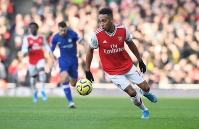 epa08093780 Arsenal's Pierre-Emerick Aubameyang in action during the English Premier League soccer match between Arsenal FC and Chelsea FC held at the Emirates stadium in London, Britain, 29 December 2019.  EPA/NEIL HALL EDITORIAL USE ONLY.  No use with unauthorized audio, video, data, fixture lists, club/league logos or 'live' services. Online in-match use limited to 120 images, no video emulation. No use in betting, games or single club/league/player publications.