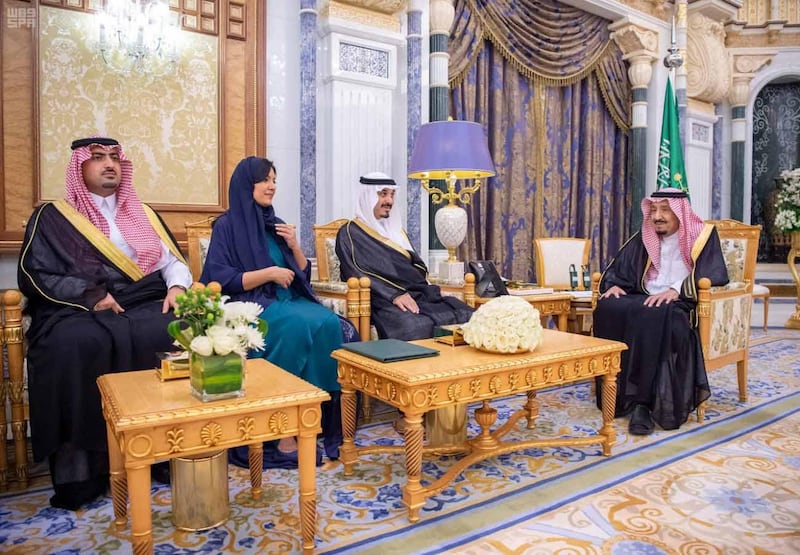 Riyadh, April 16, 2019, SPA -- In front of the Custodian of the Two Holy Mosques King Salman bin Abdulaziz Al Saud at Al-Yamamah Palace here today, ambassadors recently designated to a number of sisterly and friendly countries were sworn-in.
They included Ambassador-Designate to United State of America Princess Rima bint Bandar bin Sultan bin Abdulaziz; Ambassador-Designate to Republic of Austria Prince Abdullah bin Khalid bin Sultan bin Abdulaziz; Ambassador-Designate to the Republic of Cameroon Abdulilah Mohammed Al-Shuaibi and Ambassador-Designate to the Republic of Cyprus Khalid bin Mohammed AlSharif. SPA