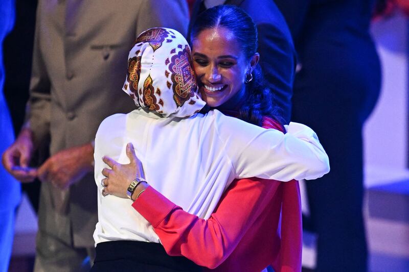 Meghan, Duchess of Sussex and model Halima Aden at the event, which brought together young leaders from 190 countries. AFP