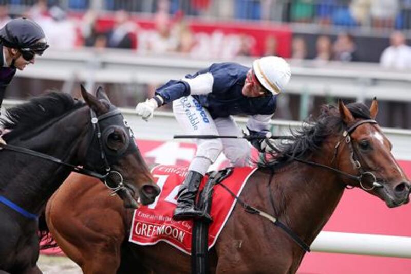 Brett Prebble pilots home Green Moon to win the 2012 Melbourne Cup