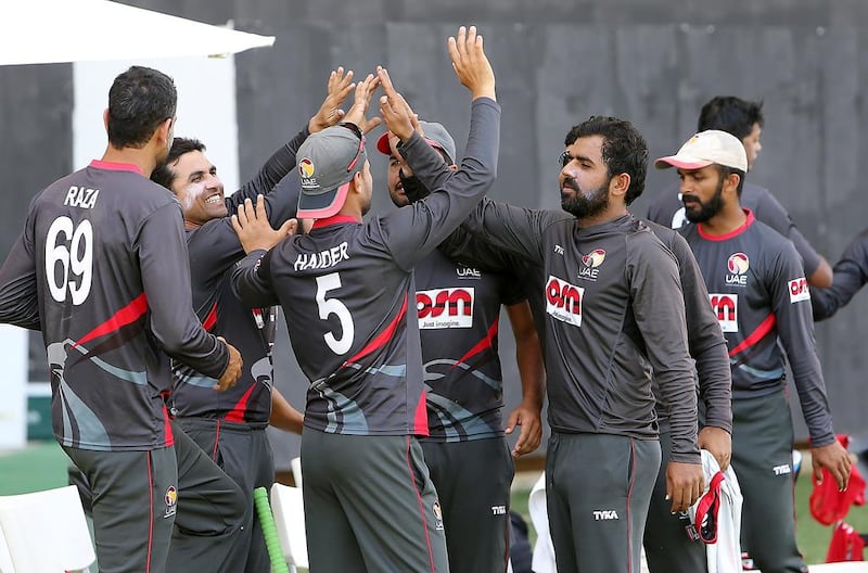 UAE players celebrate after defeating Papua New Guinea in a Twenty20 match at  Sheikh Zayed Cricket Stadium in Abu Dhabi on April 12, 2017.Pawan Singh / The National