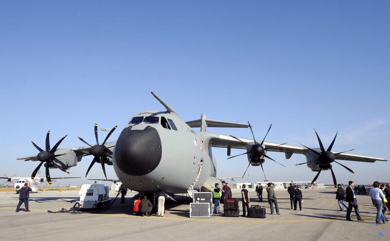 An Airbus A400M military transport plane. Germany's defence minister was forced to make new travel arrangements after the new A400M she was due to take on her first foreign trip in the aircraft broke down. Bertrand Guay / AFP