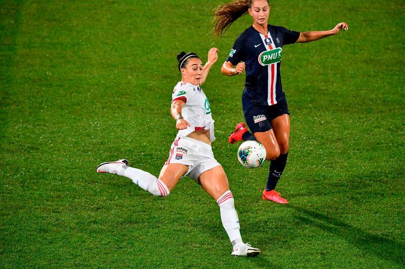 Lucy Bronze, centre, won the Champions League with Lyon in August. She has since joined Manchester City. AFP