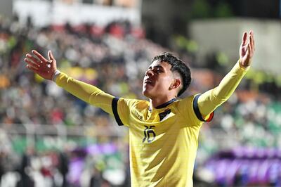 Ecuador's midfielder Kendry Paez celebrates after scoring during the 2026 FIFA World Cup South American qualification football match between Bolivia and Ecuador at the Hernando Siles stadium in La Paz, on October 12, 2023.  (Photo by AIZAR RALDES  /  AFP)