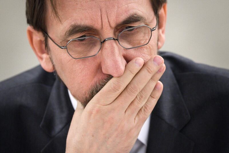 United Nations (UN) High Commissioner for Human Rights, Zeid Ra'ad Al Hussein, gestures during a special session of the UN Human Rights Council to discuss "the deteriorating human rights situation" in the Palestinian Territories, after Israeli forces killed 60 Palestinians.  - 
 / AFP / Fabrice COFFRINI
