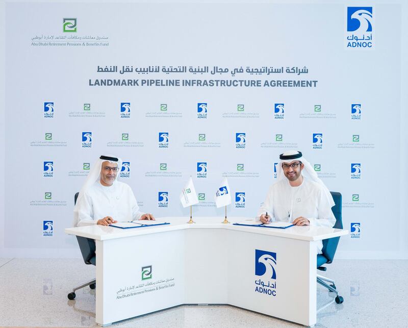 Abu Dhabi, UAE – April 14, 2019: The Abu Dhabi National Oil Company (ADNOC) announced today that it has entered into a follow-on pipeline infrastructure investment agreement with the Abu Dhabi Retirement Pensions and Benefits Fund (ADRPBF). ADRPBF will invest AED 1.1 billion (USD 300 million), following BlackRock and KKR who in February of this year signed the initial investment agreement to invest AED 14.7 billion (USD 4 billion) into the midstream pipeline assets. 
To mark the occasion, a signing ceremony was held today at ADNOC Headquarters with His Excellency Dr. Sultan Ahmed Al Jaber, UAE Minister of State and ADNOC Group CEO and His Excellency Riyad Al Mubarak, Abu Dhabi Retirement Pensions and Benefits Fund Chairman. Courtesy Adnoc
