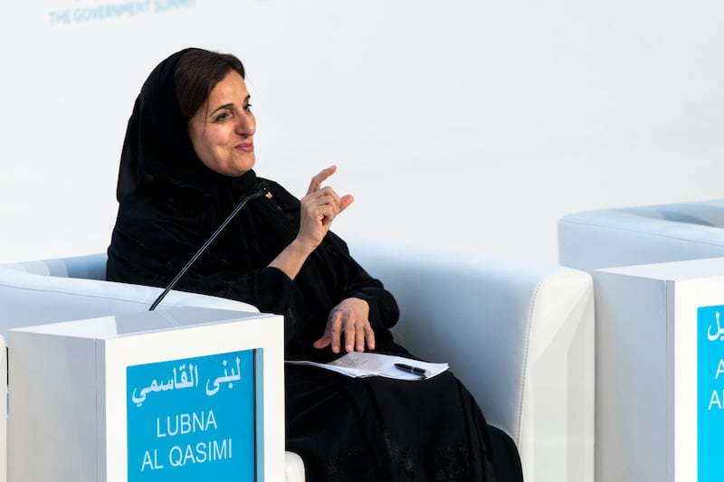 DUBAI, UNITED ARAB EMIRATES, FEB 9, 2015.   HE Sheikha Lubna Al Qasimi at the "Arab Women: From Vision to Leadership" session, at The Government Summit. Photo: Reem Mohammed / The National  *** Local Caption ***  RM_20150209_SUMMIT_038.jpg