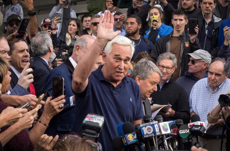 epa07319274 Roger Stone (C) speaks with the media outside the US Federal Building and Courthouse in Fort Lauderdale, Florida, USA 25 January 2019. The American political consultant, lobbyist and strategist Roger Stone of Fort Lauderdale, Florida, was arrested in Fort Lauderdale today following an indictment by a federal grand jury on 24 January 2019, in the District of Columbia. The indictment, which was unsealed upon arrest, contains seven counts: one count of obstruction of an official proceeding, five counts of false statements, and one count of witness tampering. Stone will make an initial appearance today before U.S. Magistrate Judge Lurana S. Snow.  EPA/CRISTOBAL HERRERA