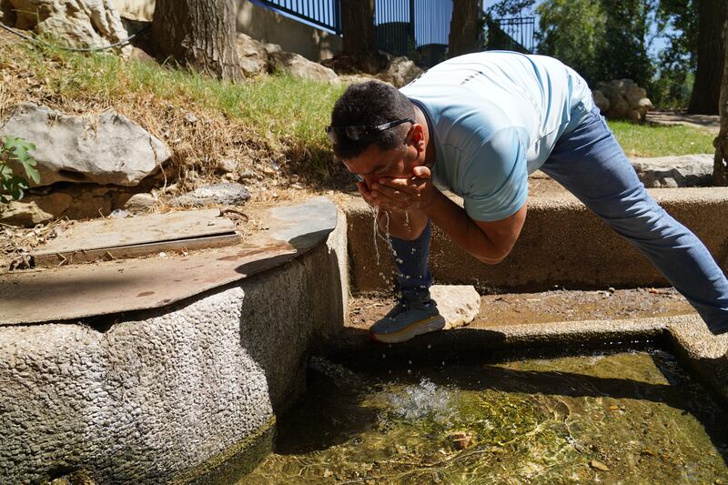 Mr Mugrabi drinks from one of the springs that gives Ein Qiniyye its name 