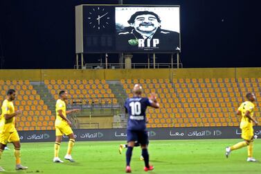A tribute to the late Argentinian football legend Diego Maradona on the big screen at Zabeel Stadium  in Dubai during the Arabian Gulf League match between Al Wasl and Fujairahon Thursday. AFP