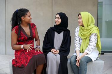 Gabi Branche from Trinidad and Tobago, Al Reem Al Hosani from the UAE and Maryam Khalili from Afghanistan meet as they begin their first year at New York University of Abu Dhabi (NYUAD). The university is attracting students from an increasingly diverse list of countries. Pawan Singh / The National