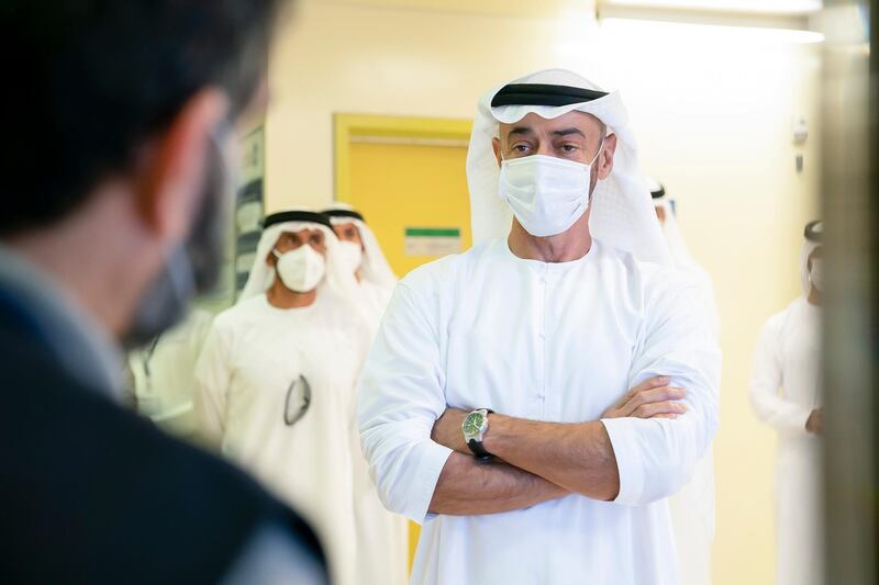 AL DHAFRA, ABU DHABI, UNITED ARAB EMIRATES - June 11, 2020: HH Sheikh Mohamed bin Zayed Al Nahyan, Crown Prince of Abu Dhabi and Deputy Supreme Commander of the UAE Armed Forces (C) inspects the Barakah Peaceful Nuclear Energy Plants, in Barakah.

( Mohamed Al Hammadi / Ministry of Presidential Affairs )
---