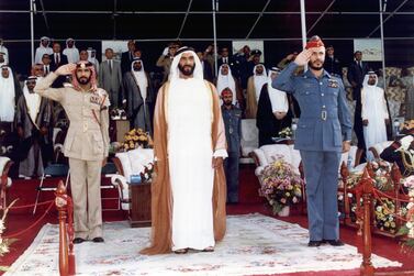 Sheikh Zayed attending a graduation ceremony for Air Academy students at Al Dhafra air base in 1987. That year, the UAE Founding Father marked 21 years as Ruler of Abu Dhabi and 15 years as the country’s President. Courtesy: National Archives