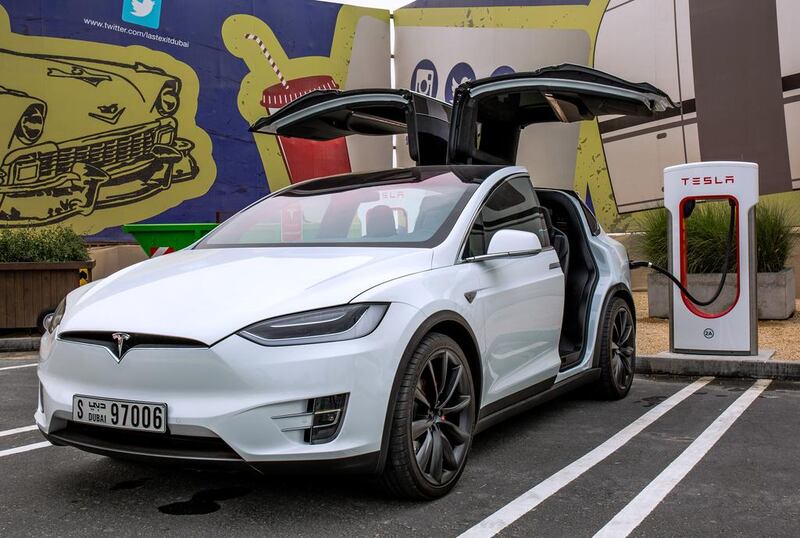 A Tesla Model X at the  Last Exit, Sheikh Zayed Road, Jebel Ali. Dubai is to be a launchpad for the US car maker which has narrowed losses recently.

Victor Besa / The National