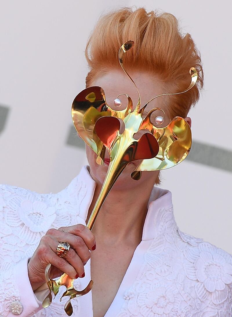 Tilda Swinton arrives for the screening of 'The Human Voice' on the second day of the 77th Venice Film Festival, on September 3, 2020 at Venice Lido. AFP