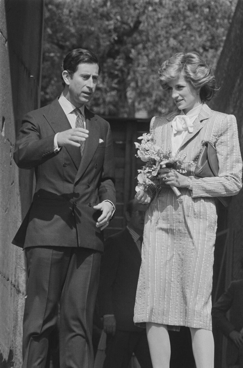 Prince Charles and Diana, Princess of Wales (1961 - 1997), wearing a Bruce Oldfield striped suit, in Rome, Italy, 27th April 1985. (Photo by Steve Wood/Daily Express/Hulton Archive/Getty Images)