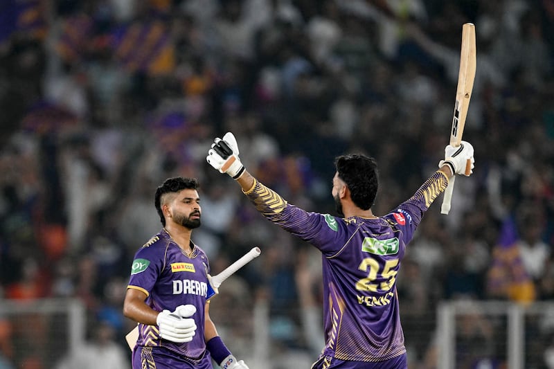 Kolkata Knight Riders' captain Shreyas Iyer, left, and Venkatesh Iyer celebrate after their team's eight-wicket win against Sunrisers Hyderabad in the Indian Premier League first qualifier at the Narendra Modi Stadium in Ahmedabad on Tuesday, May 21, 2024. AFP